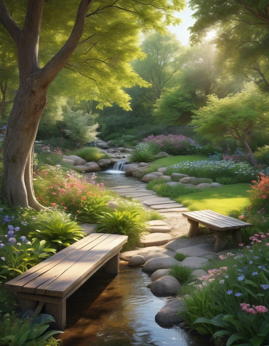 A serene landscape featuring a tranquil garden with blooming flowers, a gentle stream flowing, and a quaint wooden bench under a shady tree. Soft sunlight filters through the leaves, creating a peaceful ambiance. In the foreground, a calm person practicing mindfulness meditation, surrounded by nature's beauty. super-realistic. vibrant colors. peaceful atmosphere.
