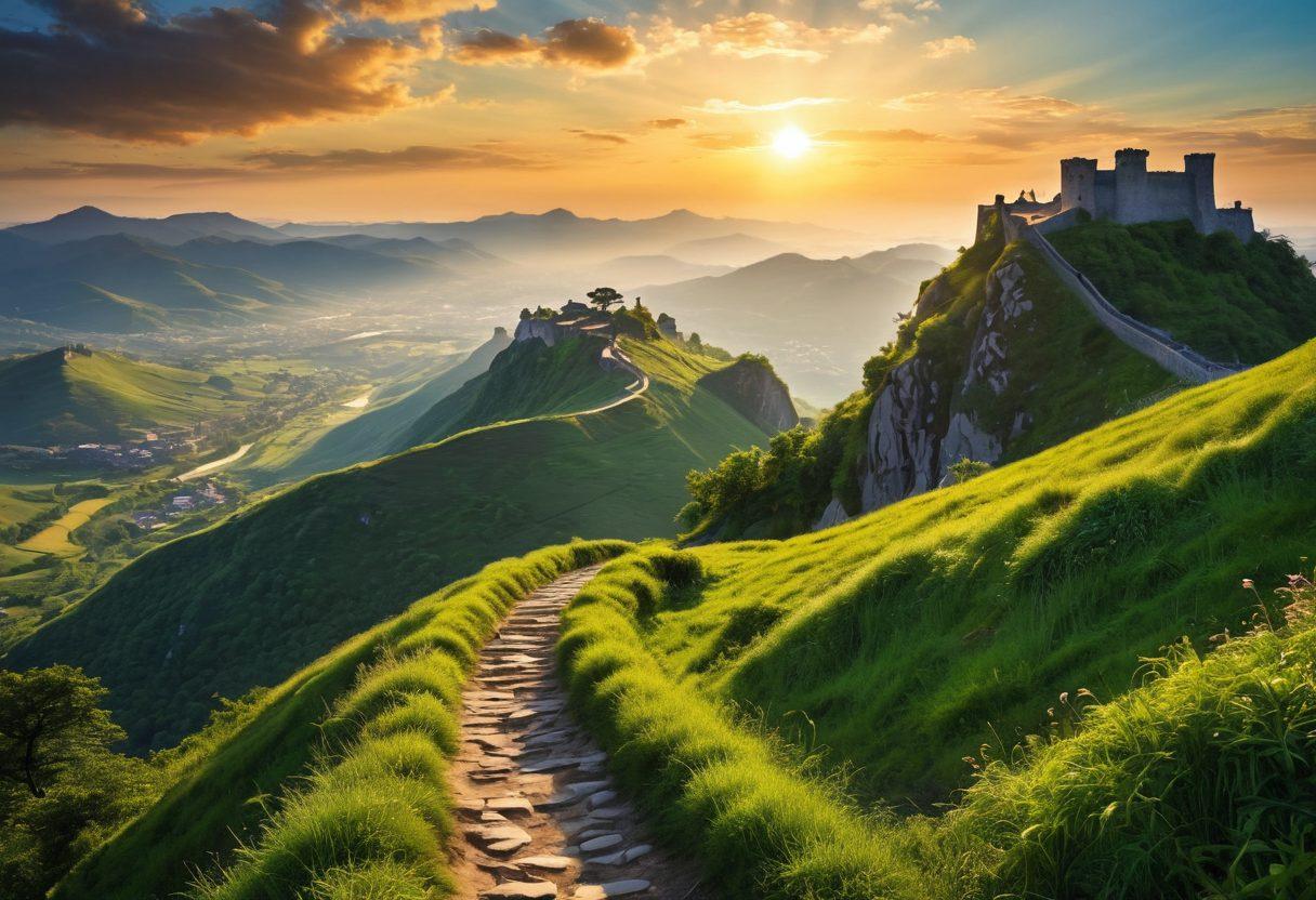 A serene landscape depicting a strong fortress built atop a mountain, symbolizing a fortified mindset. The sun rising in the background, casting warm light on the scene, while lush green valleys and a clear blue sky surround the fortress. Silhouettes of people climbing the path towards the fort, representing the journey to exceptional well-being and resilience. The image conveys peace and strength simultaneously. vibrant colors. super-realistic.