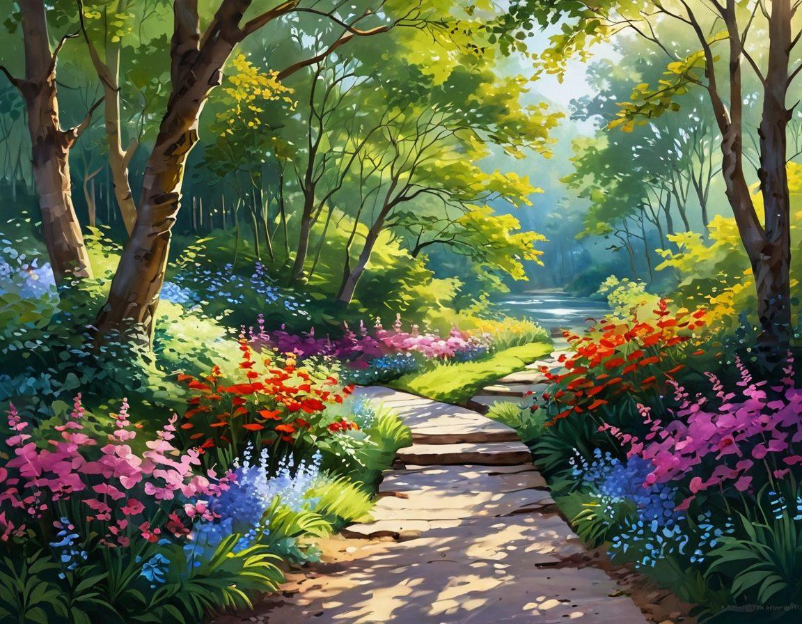 A serene landscape featuring a winding path leading through a lush forest, symbolizing a journey. Along the path, vibrant flowers and warm sunlight peeking through the trees create an inviting atmosphere. A joyful figure practicing yoga near a tranquil stream adds a sense of peace and well-being. Soft, uplifting colors enhance the sense of security and joy. painting. vibrant colors. calming ambiance.